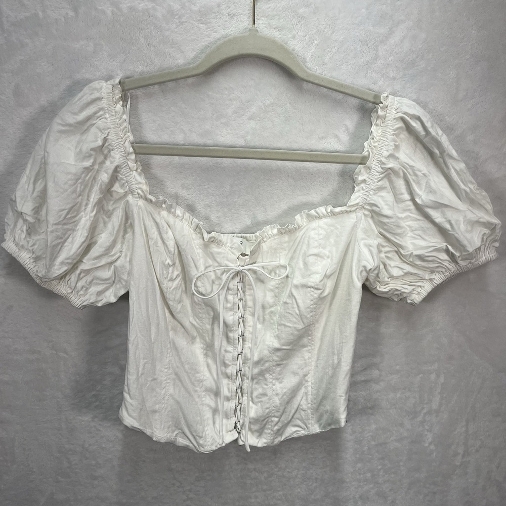 ASTR Linen Smocked Crop Top Womens Small Milkmaid Corsette Ruffle Edge Coastal